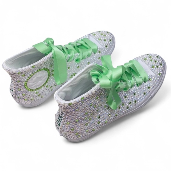 Peridot Green Crystal Diamond & Pearls High Top Converse Sizes 5-14 New - Picture 6 of 15